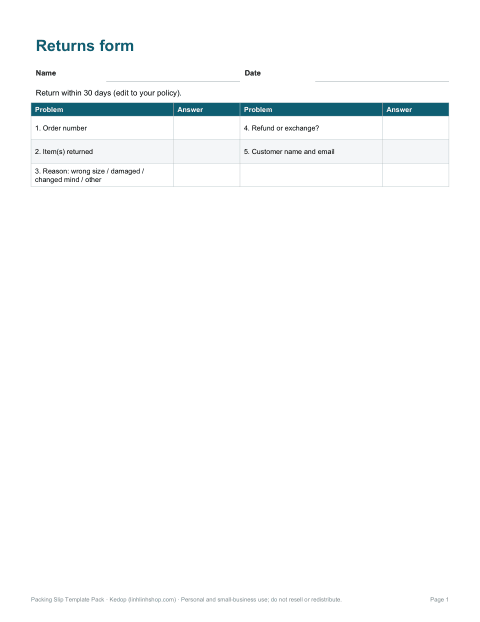 Preview of the first page of Slip with returns form (DOCX/PDF)