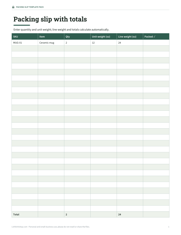 Preview of Printable Packing Slip Template
