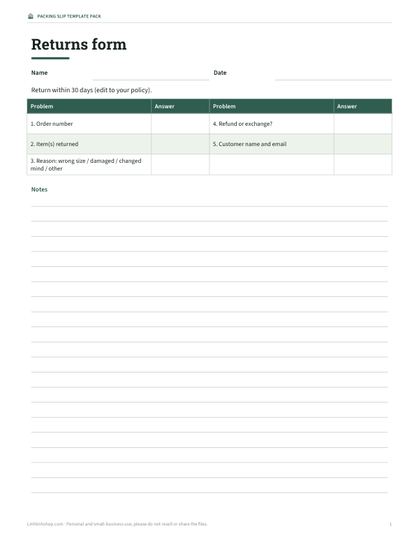 Preview of Printable Packing Slip Returns Form